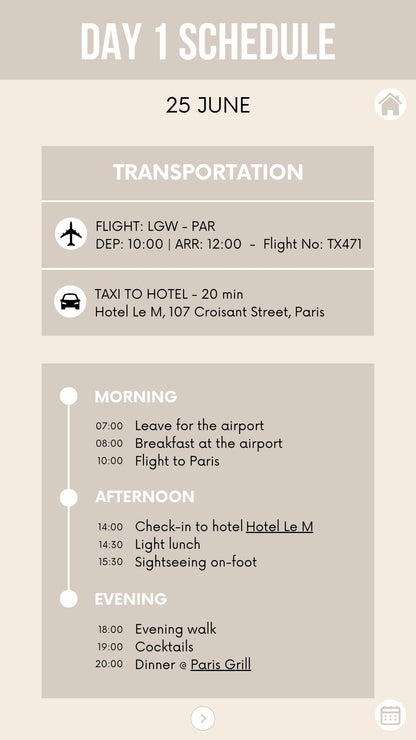 Honeymoon Itinerary Template for Mobile